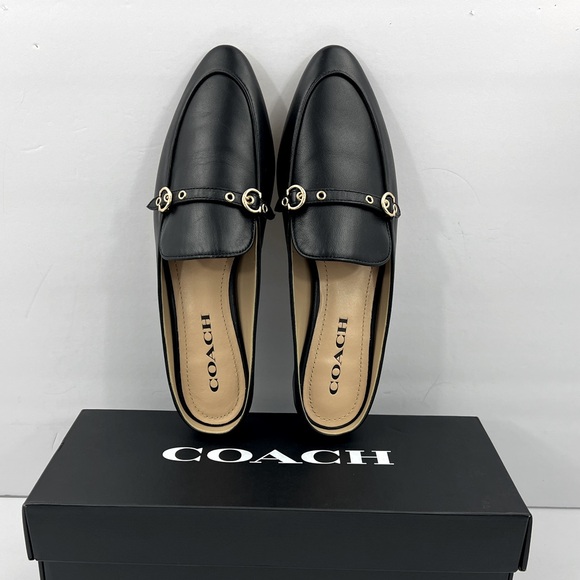 COACH BLACK ALL LEATHER IRENE MULE LOAFER EITH GOLD LOGO & HARDWARE, SIZE 7-B - Picture 14 of 16